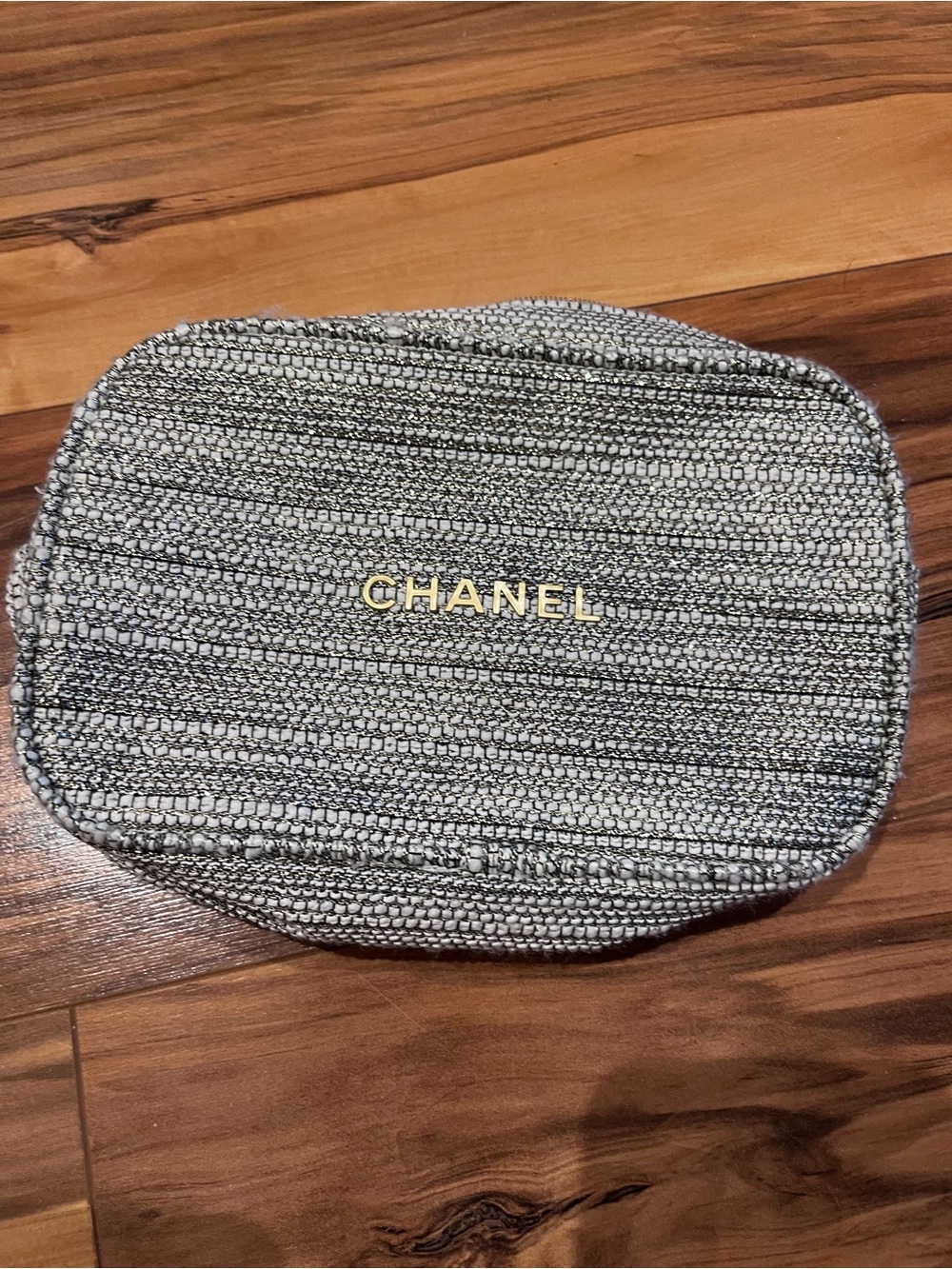 CHANEL Gray Woven Cosmetic Pouch with Gold Logo
